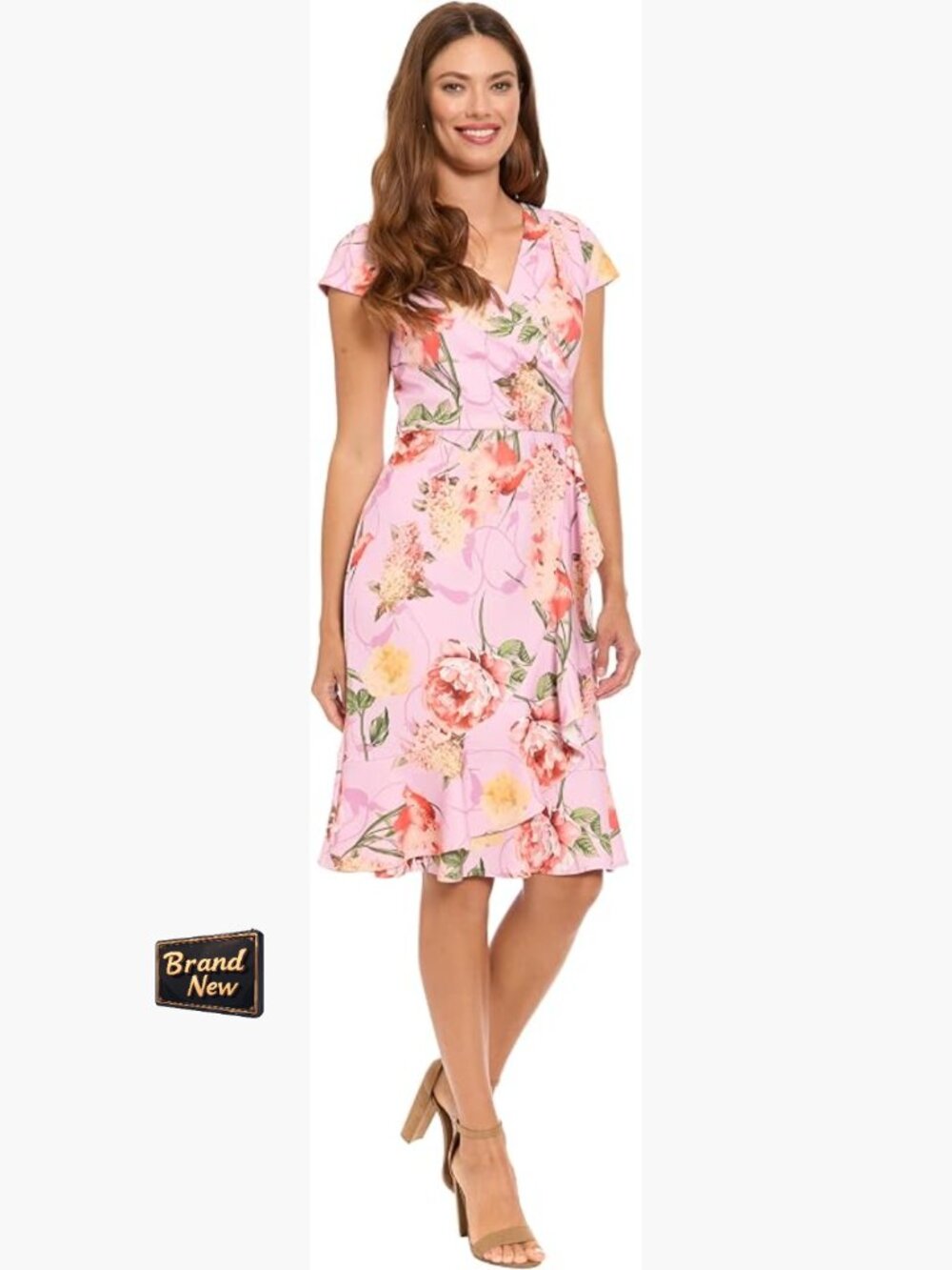 Women's V-Neck Wrap Dress Short Sleeve Fit & Flare Knee Length Ruffle Formal